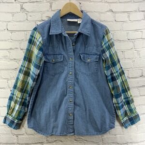 Country Store Denim Shirt Womens Sz M Plaid Print Sleeves Blue Green